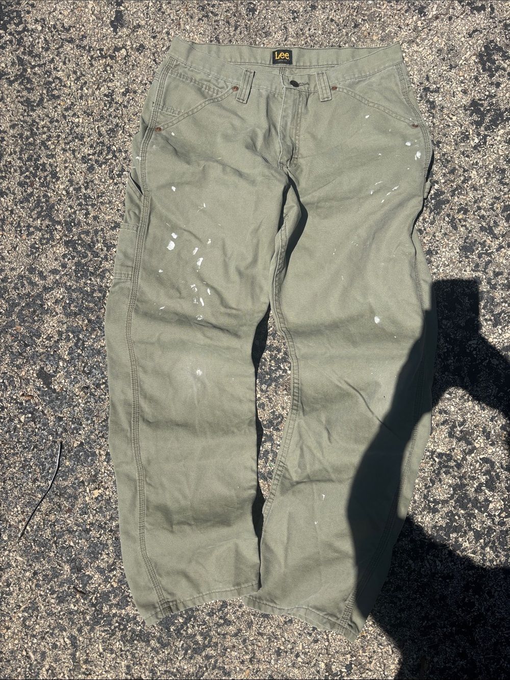 Vintage Y2K Lee Mens 32x32 Cotton Olive Carpenter Work Pants Distressed Paint